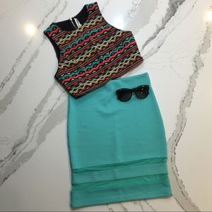 H&M Turquoise Pencil Skirt with Sheer Panels